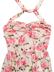 Romantic floral halter midi dress with pink roses and a tie front detail.