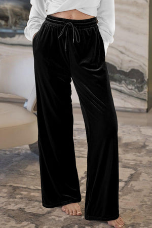 Black velvet lounge wide-leg drawstring trousers with pockets