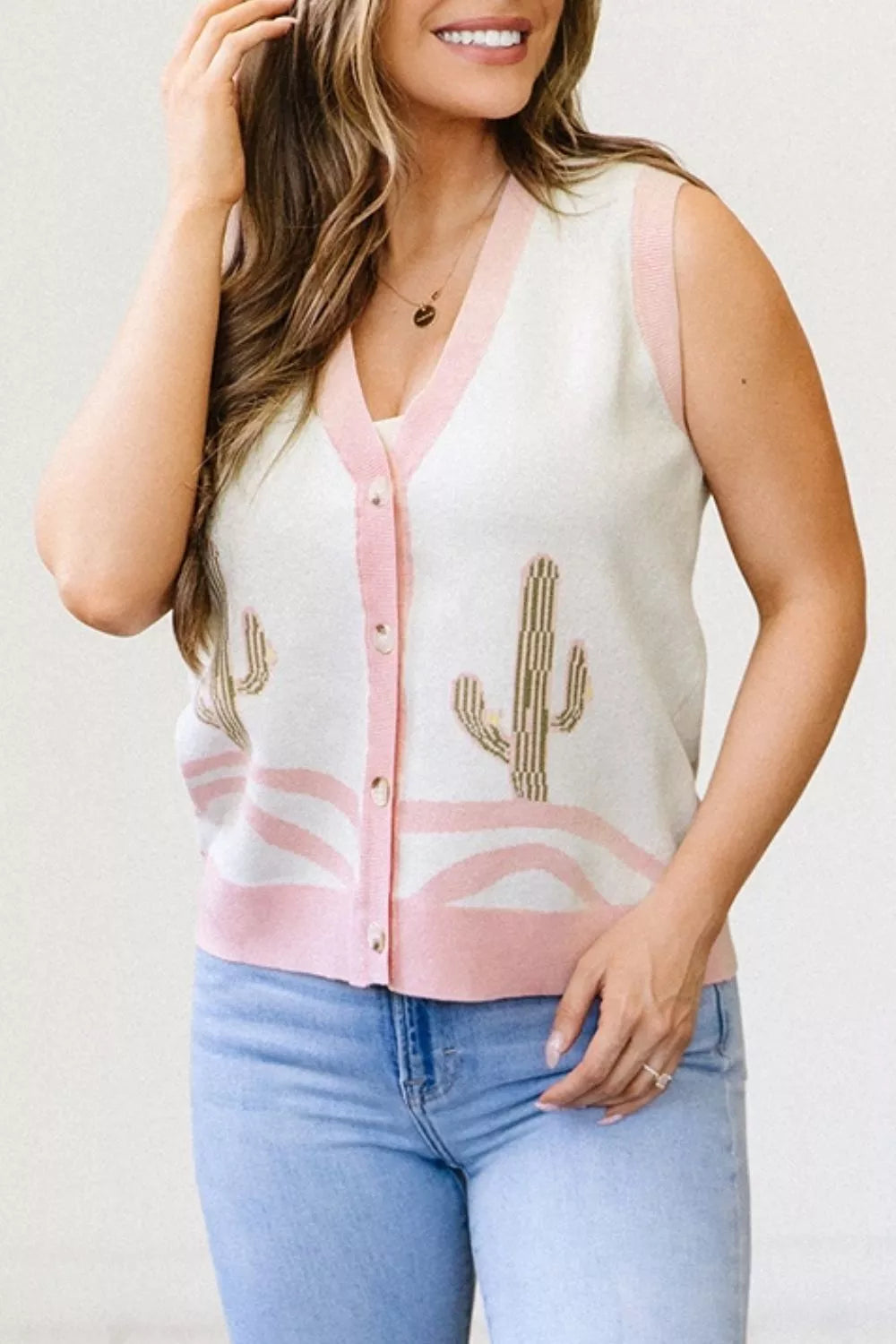 Color Block Cactus Pattern Western Sweater Vest, fabric detail