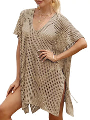 Textured V-neck ruched cover-up in tan with short sleeves and side slits.