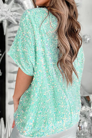 Sequin embellished dolman sleeve top in Gum Leaf green with iridescent sparkle.