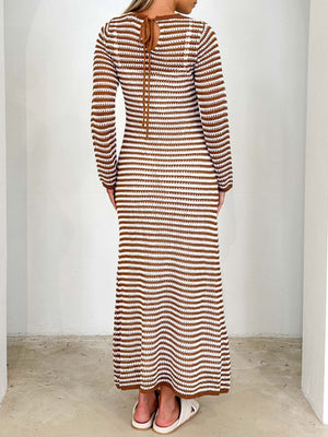 Striped maxi sweater dress in caramel and white with back tie detail.