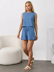 Blue textured cotton tank and shorts set with drawstring waist