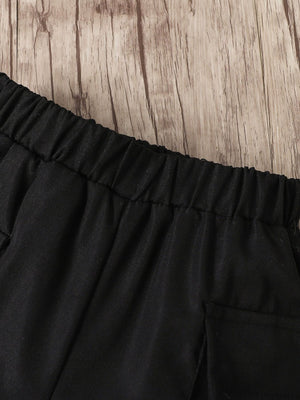 Children's black cargo shorts with elastic waistband and pocket detail.