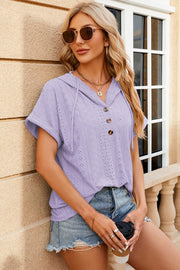 Lavender perforated henley hooded tee with short sleeves and button detail