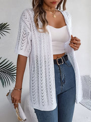 White open-knit chevron sleeve cardigan with short sleeves and a relaxed fit.