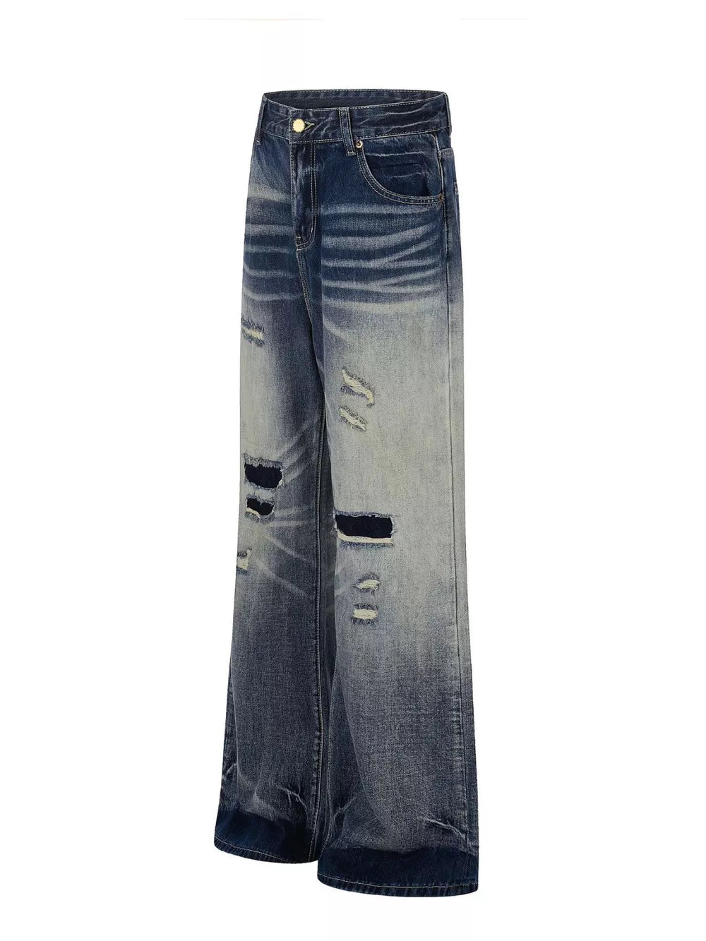 Men's distressed blue wide-leg bootcut jeans with ripped details