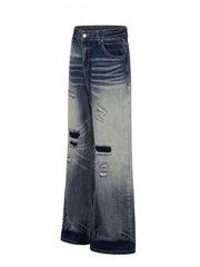 Men's distressed blue wide-leg bootcut jeans with ripped details