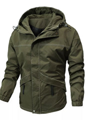Green hooded jacket with white contrast stitching and drawstring details