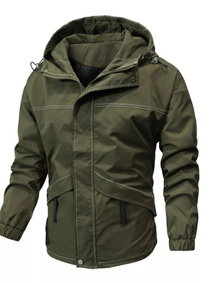 Green hooded jacket with white contrast stitching and drawstring details