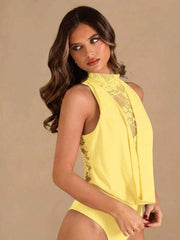 Yellow lace-trimmed sheer bodysuit with mock neck and side lace detail.