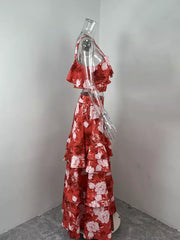 Ruffled floral two-piece set in strawberry red with tiered skirt and ruffled crop top.