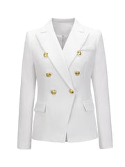 White double-breasted blazer with gold buttons and notched collar