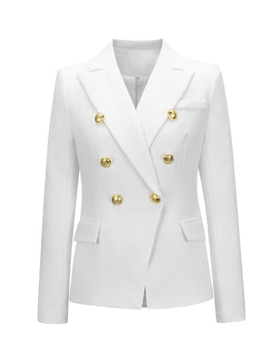 White double-breasted blazer with gold buttons and notched collar