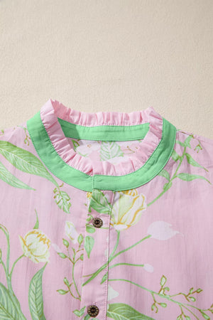 Pink floral cotton dress with ruffled collar and green trim