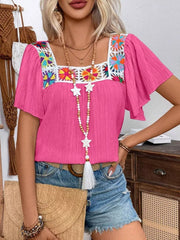 Rose red embroidered square neck flutter sleeve blouse with colorful floral detail.