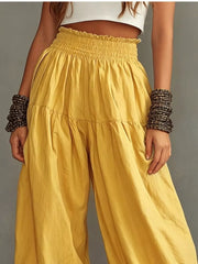 Full Size Smocked Ruffle Hem Wide Leg Pants in Mustard, product detail