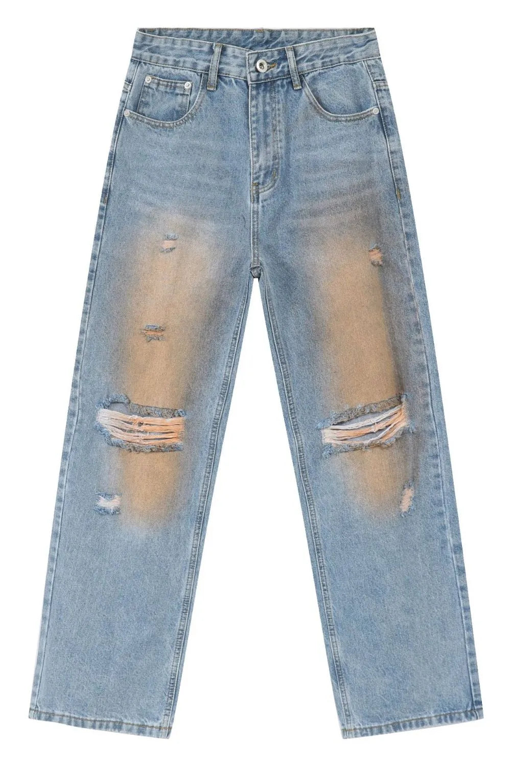 Light blue wide leg jeans with faded wash and distressed details.