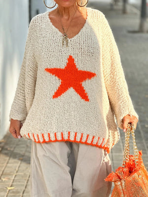 Cream knit v-neck sweater with orange star and striped hem, acrylic.