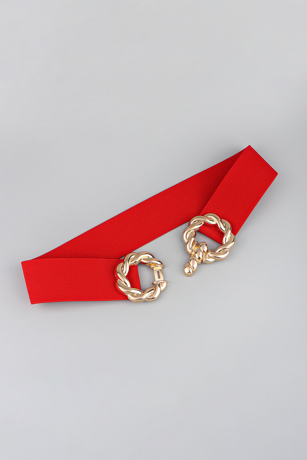 Red braided stretch belt with gold alloy knot buckle detail