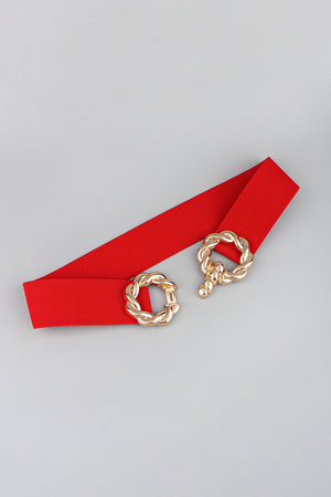Red braided stretch belt with gold alloy knot buckle detail