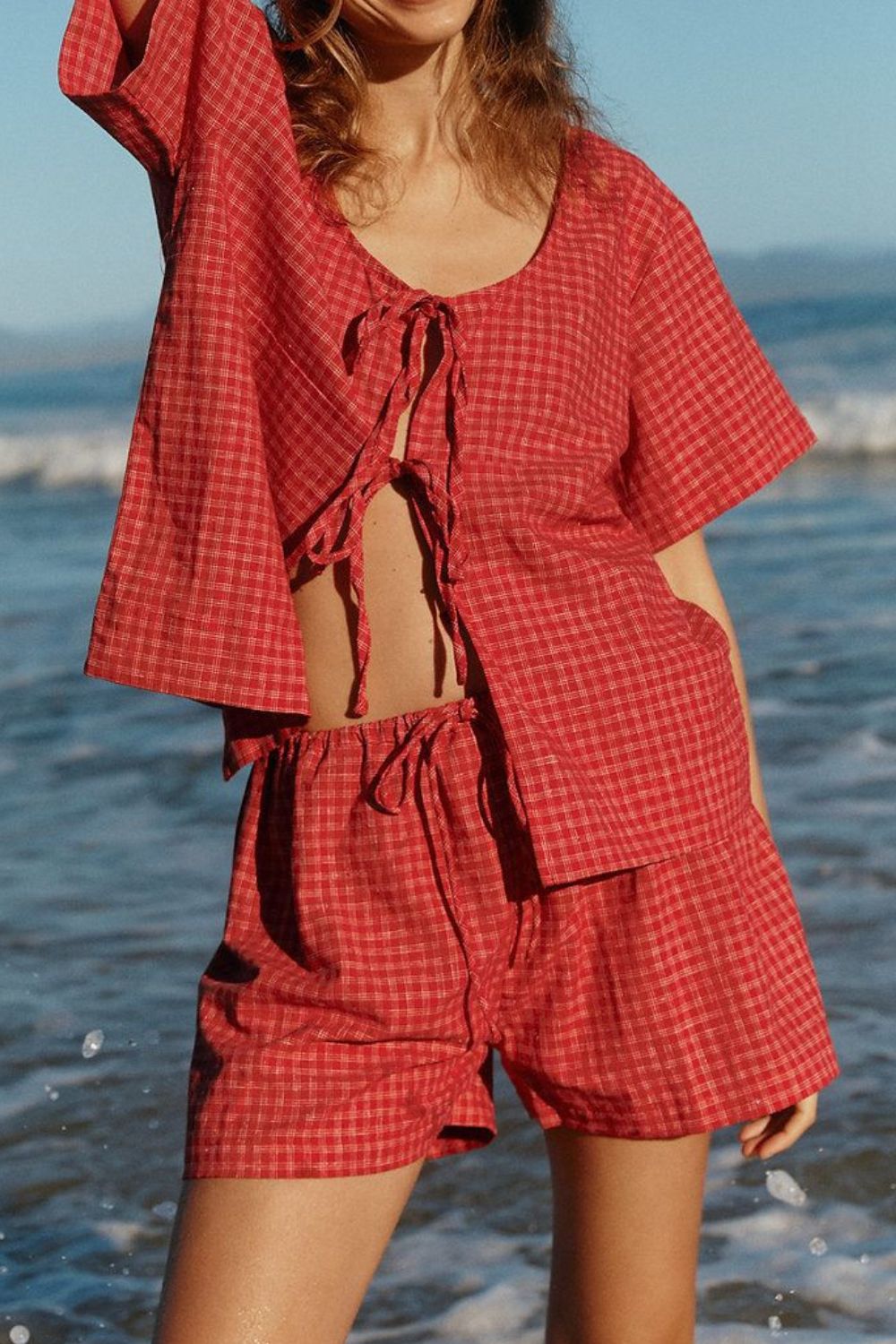 Deep Red plaid cotton open-front tie-top and shorts set