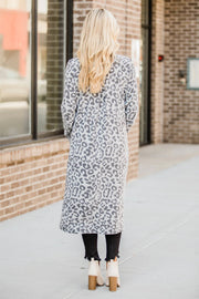 Duster leopard print cardigan in cloudy blue with long sleeves and open front.