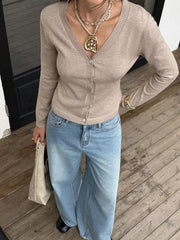 V-neck Button-up Cardigan in Khaki, close-up detail