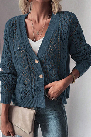 Peacock blue knit cardigan with mesh detail and button front