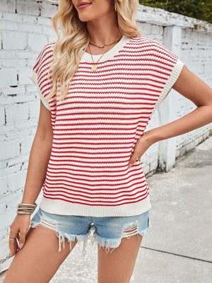 Textured stripe cap sleeve knit top in white and scarlet, with a crew neck.