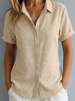Full Size Collared Short Sleeve Shirt Plus Size in Lotus Color, editorial view