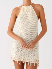 Tassel-trim Openwork Halter Mini Dress