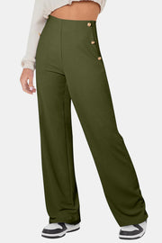 Army green wide leg trousers with gold button detail