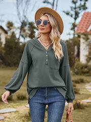 Army green ribbed henley hoodie with balloon sleeves and button detail