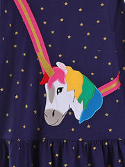 Dark Navy long-sleeve dress with embroidered unicorn and gold stars, ruffled hem.
