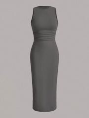 Sleeveless round neck midi dress in charcoal with ruched waist detail.