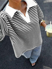 Striped Knit 3/4 Sleeve Polo Top in Brown, alternate angle