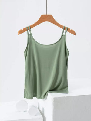 Mint green camisole with double spaghetti straps and a draped neckline.