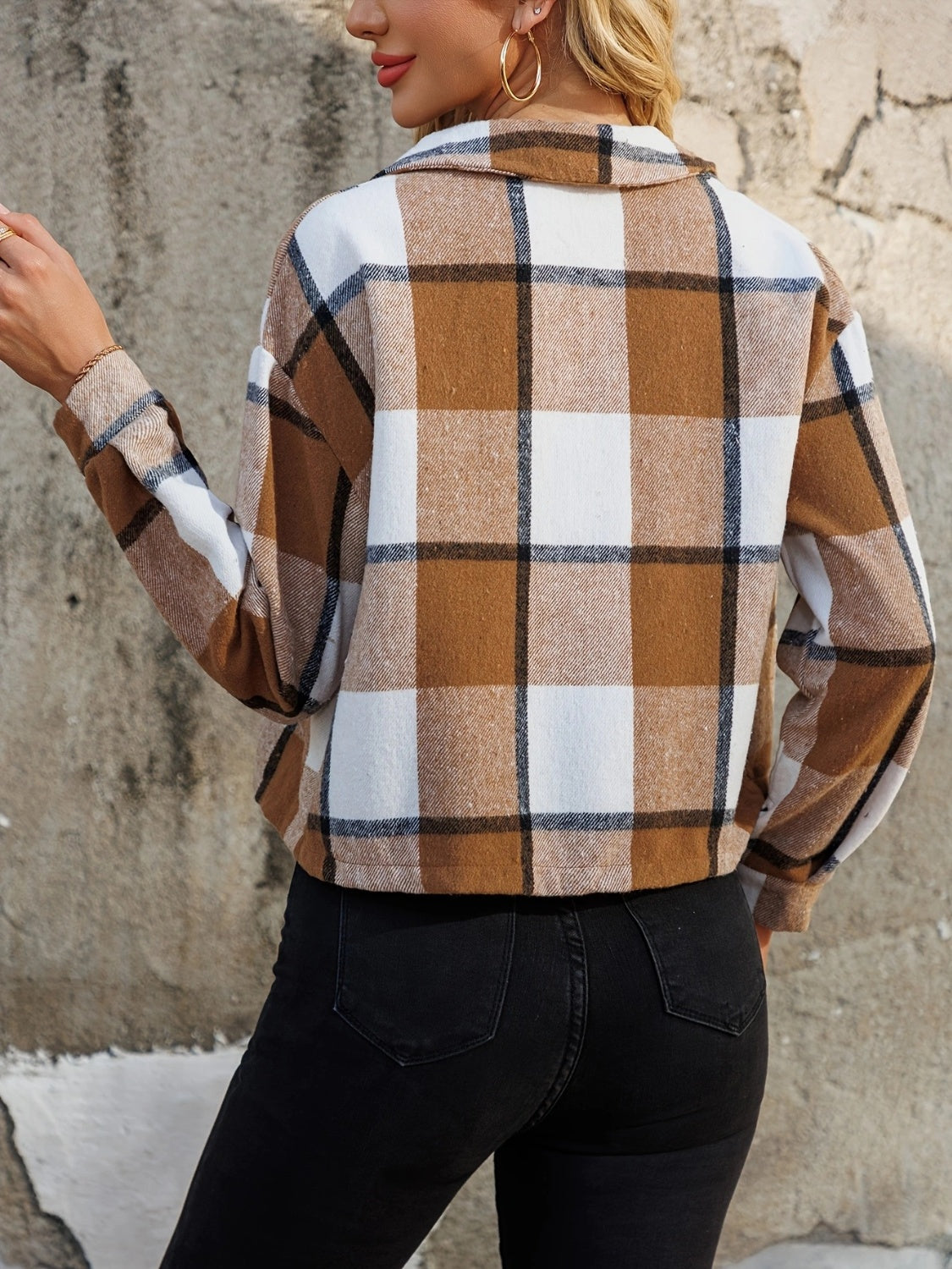 Boxy plaid cropped shacket in caramel with button front and collar.