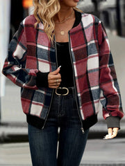 Plaid bomber jacket with ribbed cuffs in burgundy, white, and navy.