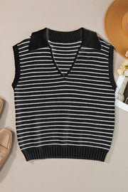 Black and ivory striped knit polo vest with a V-neck and collar.