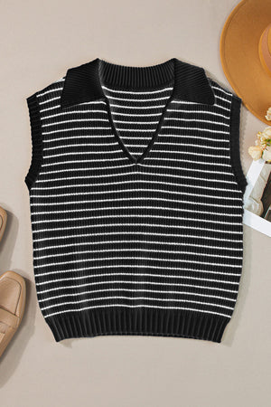 Black and ivory striped knit polo vest with a V-neck and collar.