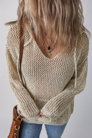 Beige open-knit V-neck hoodie pullover with drawstring details and long sleeves.
