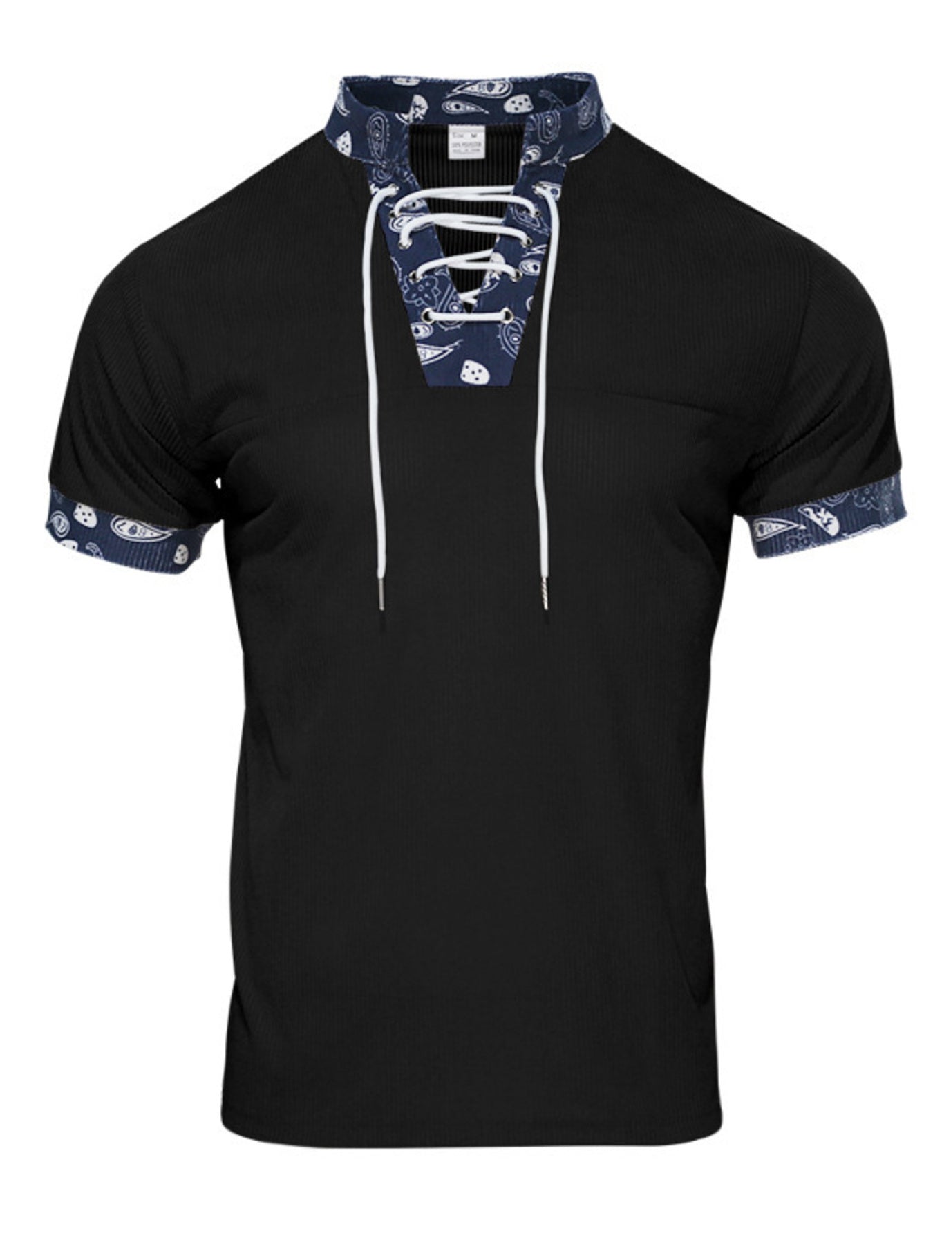 Black men's t-shirt with lace-up collar and paisley details on collar and sleeves.