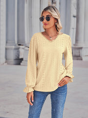 Lemon lace trim eyelet blouse with v-neck and ruffle cuffs