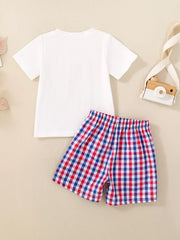 Baby girls' white smocked tee and red & blue plaid shorts set, cotton.