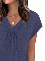 Navy ruched v-neck t-shirt with short sleeves, relaxed fit.
