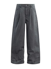 Grey cotton sweatpants with wide legs, button closure, and belt loops.