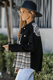 Black denim shirt jacket with plaid panels on shoulders and sides.
