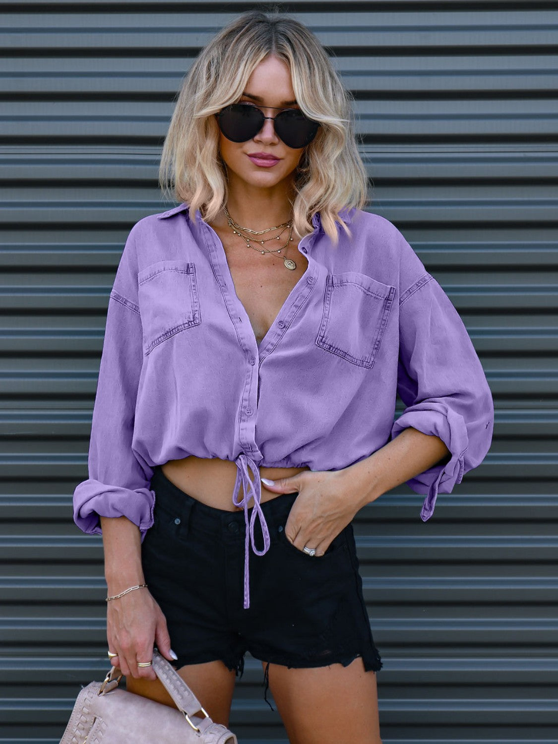 Lavender cotton cropped utility shirt with drawstring waist and button front.